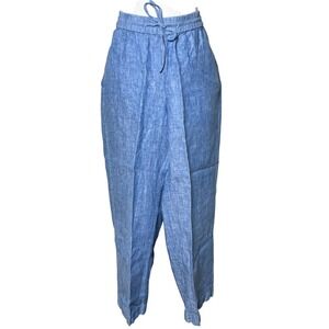 Blue Linen Blend Drawstring Waist Cropped Wide Leg Pants Women's Medium‎